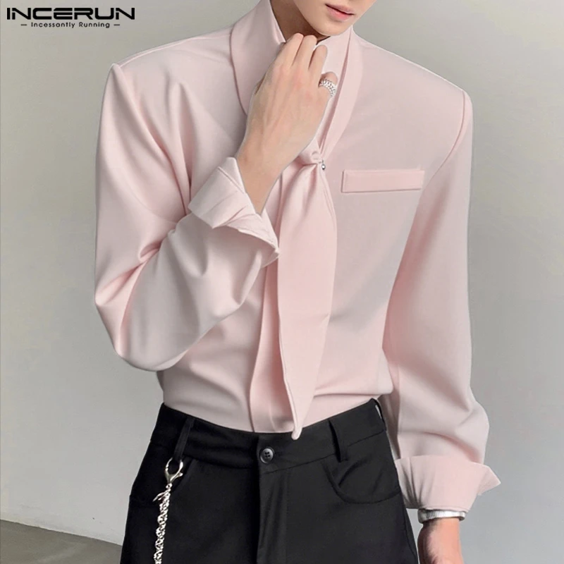

INCERUN Men Shirt Solid Color Stand Collar Long Sleeve Men Clothing With Tie Streetwear Loose 2026 Fashion Casual Men Clothing