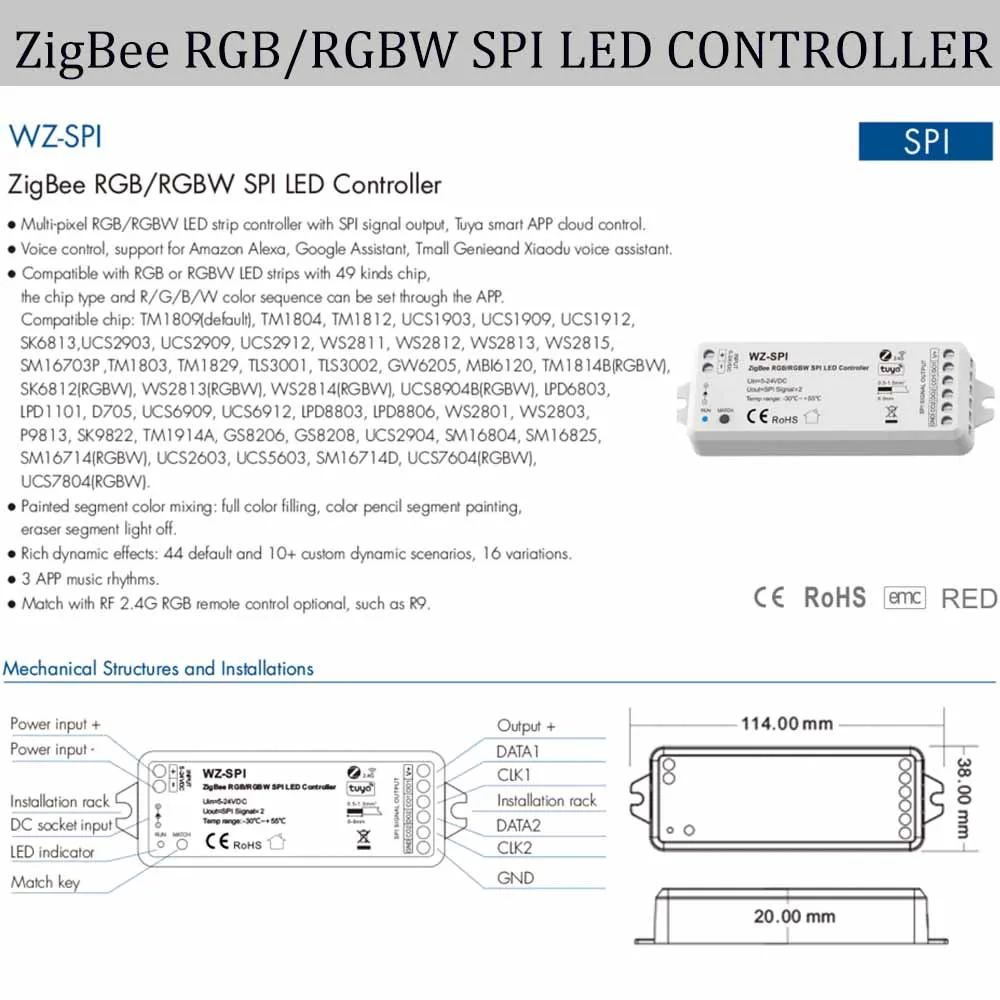 5-24VDC Tuya Zigbee SPI Led Controller RGB/RGBW Strips 49 Kinds Chip Addressable Dynamic RF Remote for Google Alexa Smart Life