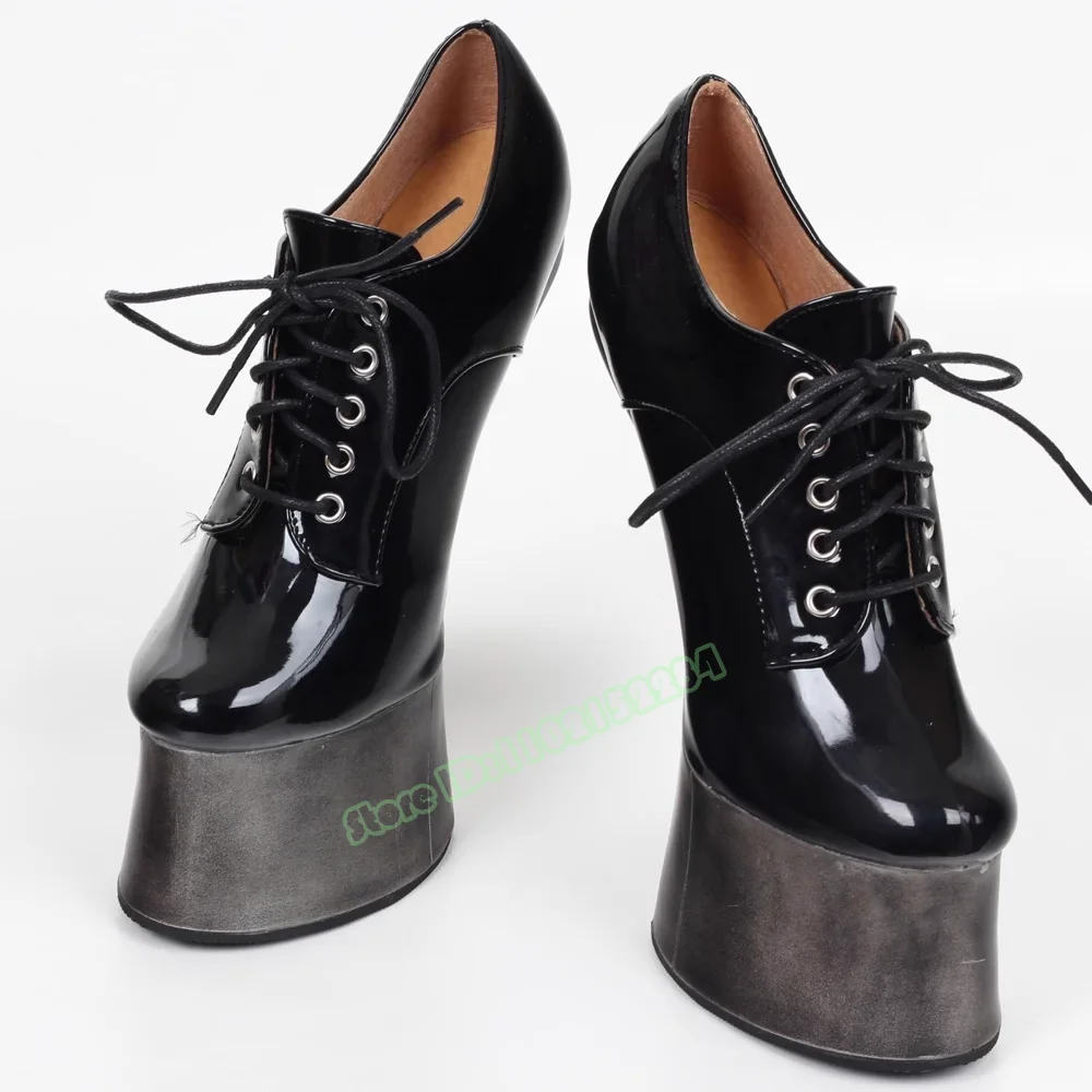 Thick Sole Hoof Heels Boots Platform Super High Heels Lace Up Shiny Leather Women And Men Ankle Boots Big Size Solid Round Toe