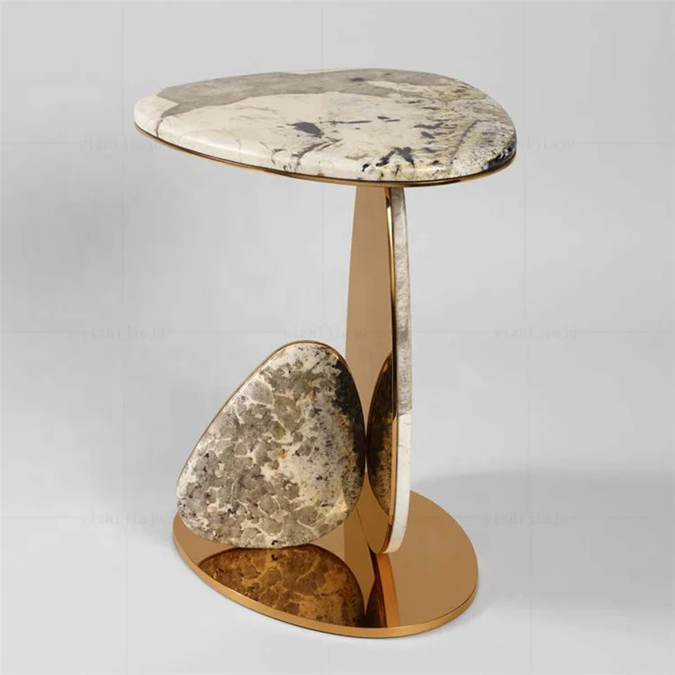 luxury  modern design gold leaf stainless steel base customized side table with polished stone top end table