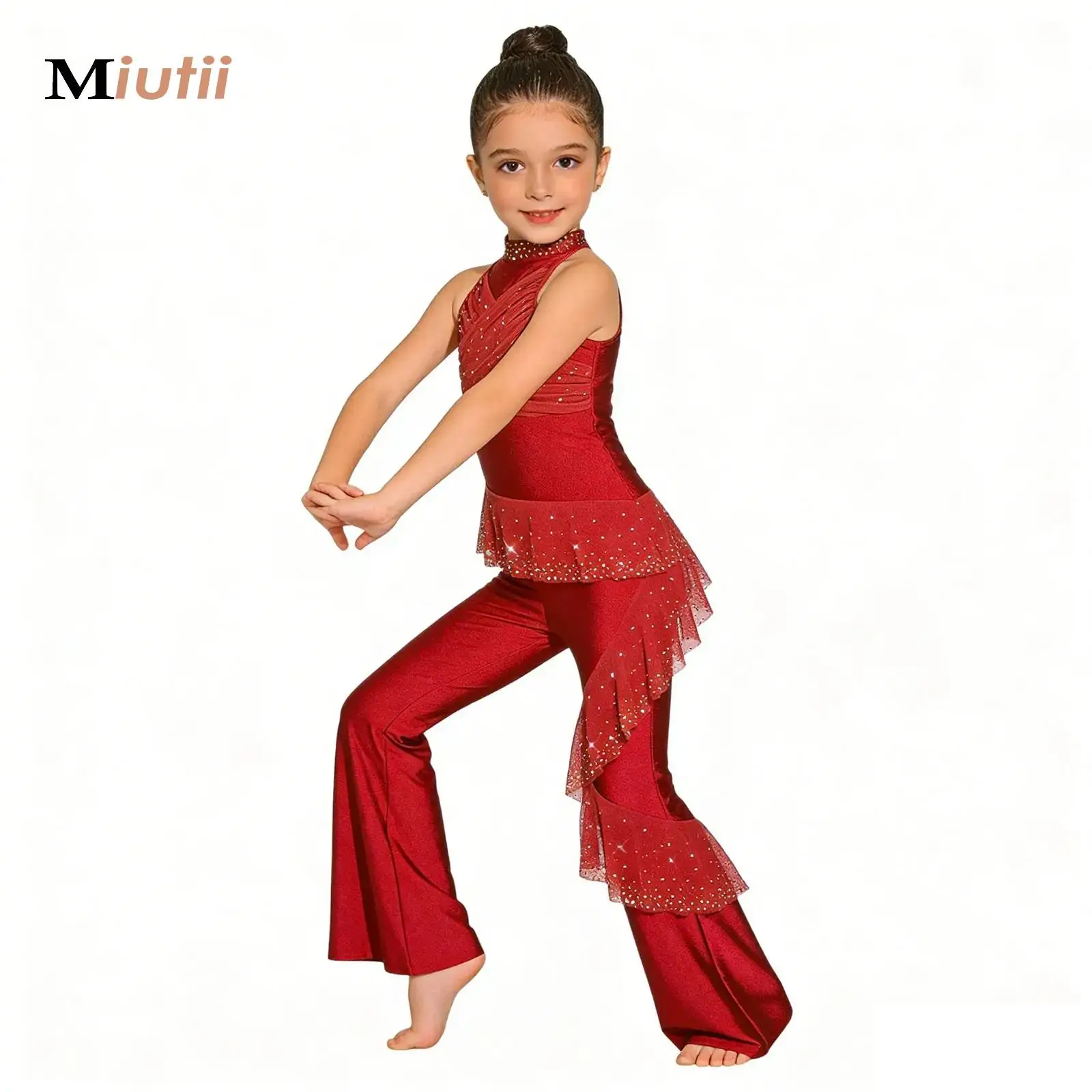

Kid Girls Lyrical Dance Jumpsuit Sleeveless Ruched Mesh Ruffles Bell-Bottom Bodysuit for Ballet Figure Skating Latin Performance