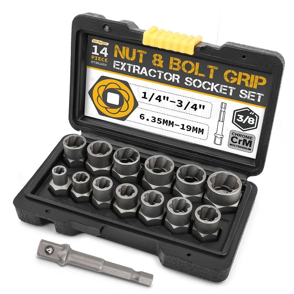 

Damaged Screw Extractor 14pcs Cr-Mo Steel High Hardness Bolt Nut Remover Set 6.35 -19m with Tool Box Car Tool Kit Hand Tools