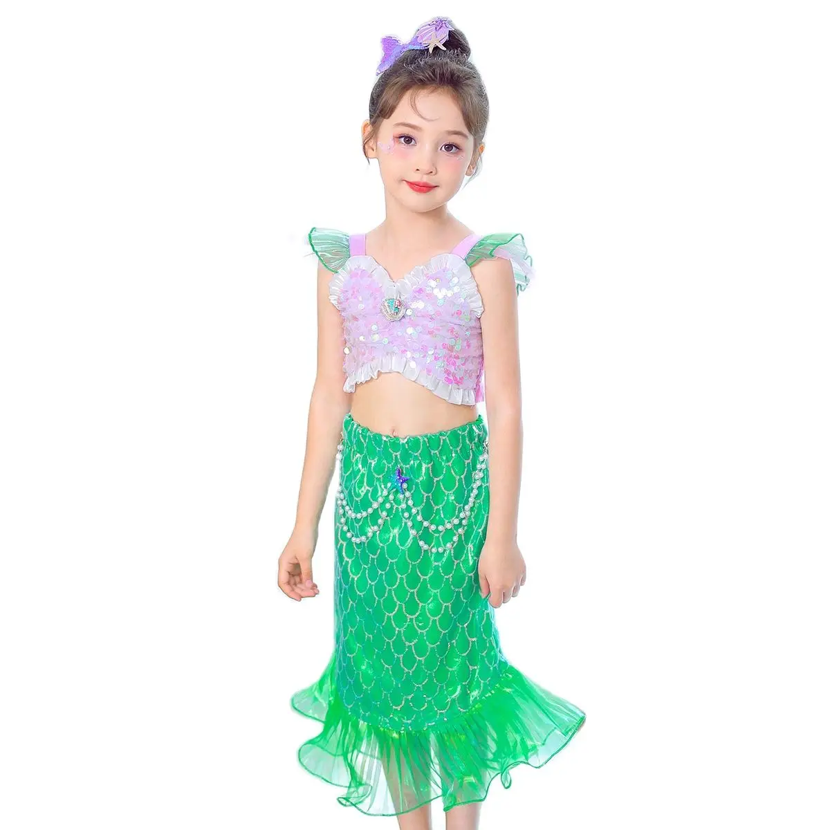 Low Price Mermaid Princess Cosplay  sequin top skirt Costume Halloween for Kid pretty mermaid