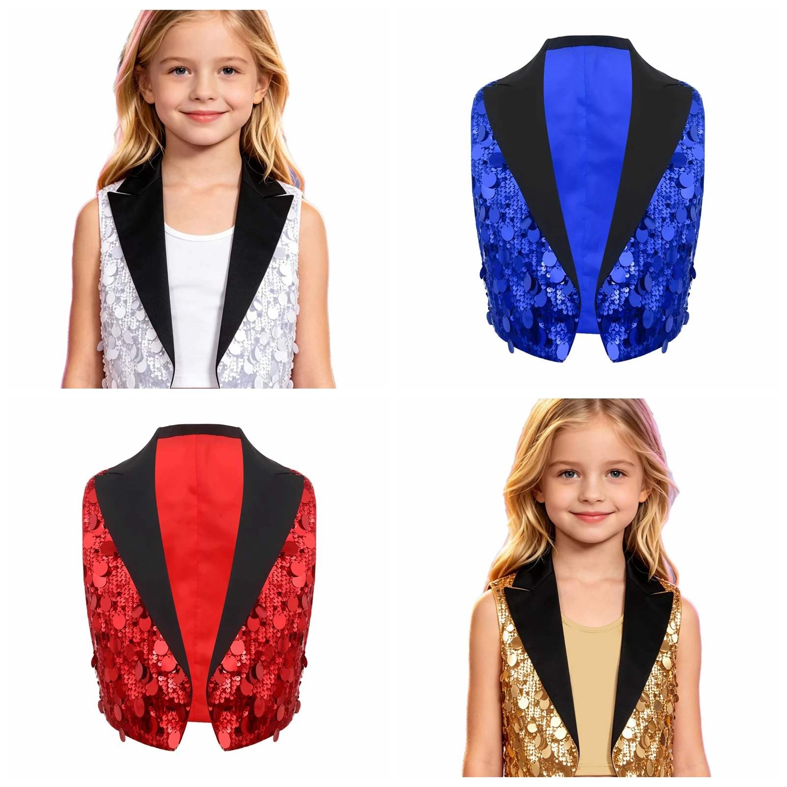 

Children Girls Jazz Dance Party Costume Sequined Vests Waistcoat Kids Lapel Sleeveless Open Front Vest Crop Top Stage Dancewear