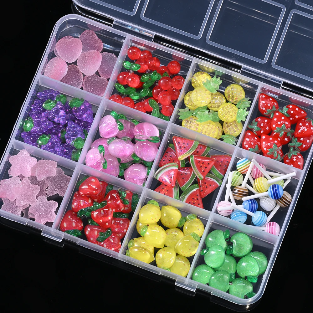 Strass pour ongles en forme de Fruits, 12 grilles, résine 3D, fraise, cerise, raisin, pastèque, breloque, Fruits Kawaii, fournitures pour Nail Art