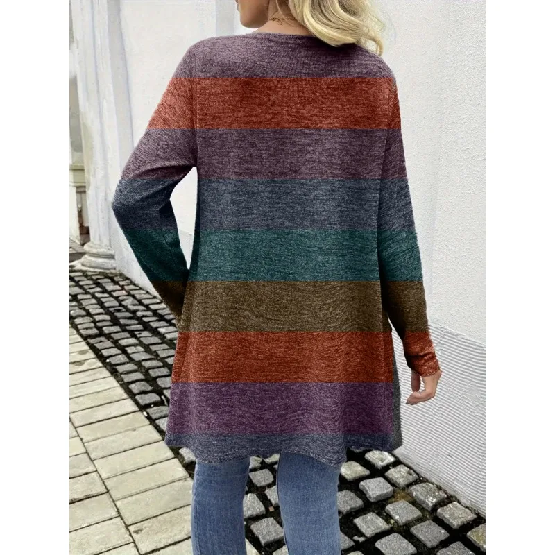 بالإضافة إلى حجم 1XL-5XL المرأة أزياء عارضة طويلة الأكمام مخطط محبوك سترة سترة