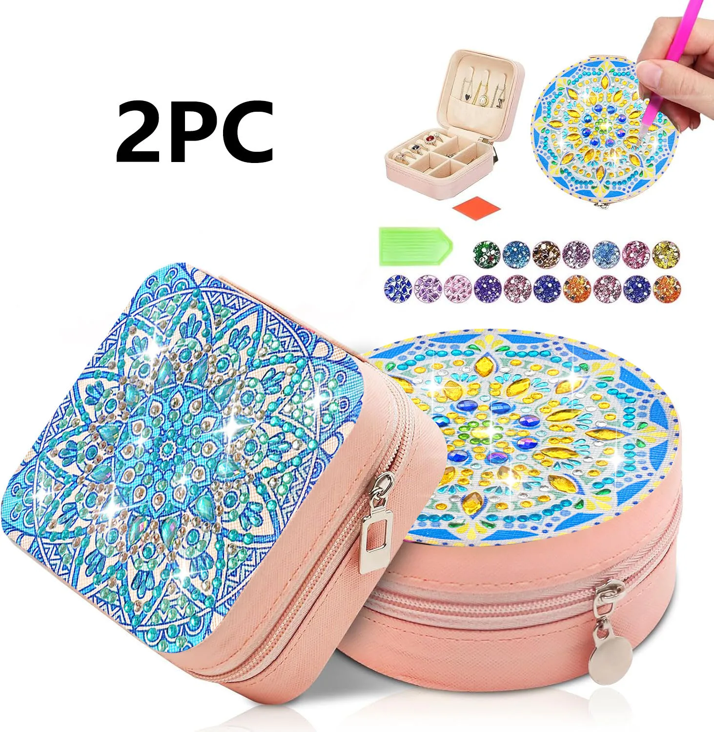 

2 DIY Mandala diamond painted ladies' travel jewelry boxes, mini jewelry travel jewelry boxes, rings, necklaces, canvas storage