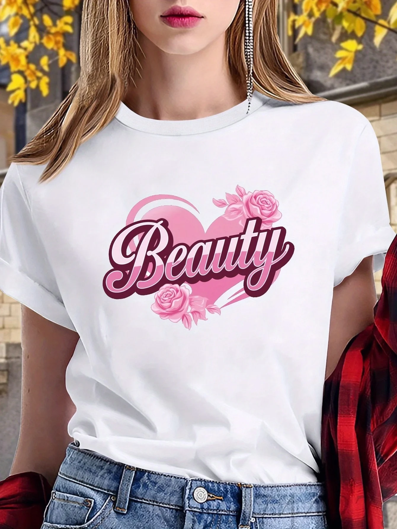 Women's Casual Short Sleeve T-Shirt with Beauty Logo Pink Rose Design Harajuku Short Sleeve Casual Aesthetic Clothes Summer Tops