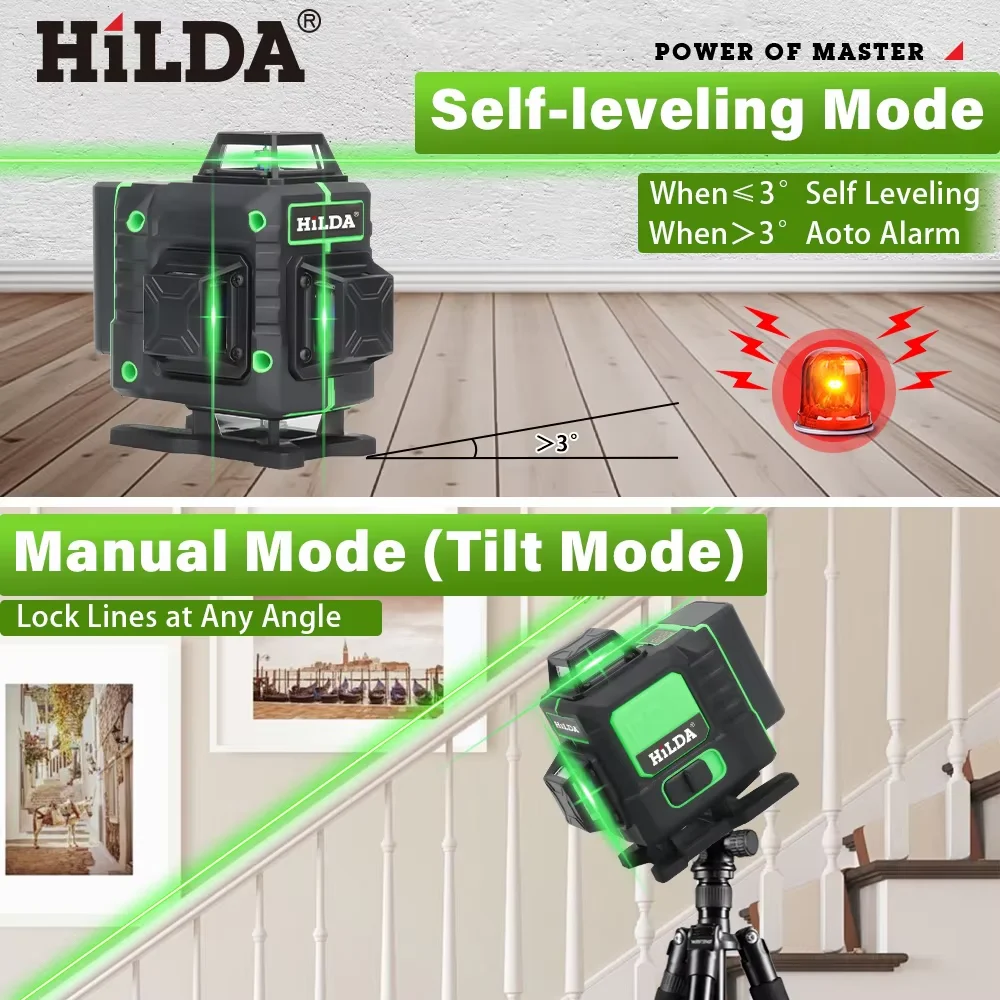 

Лазерный уровень HILDA 12/16 линий, зеленый луч, самовыравнивающийся, с ручным управлением, с перезаряжаемыми батареями, регулируемый подъемный стол и подставка