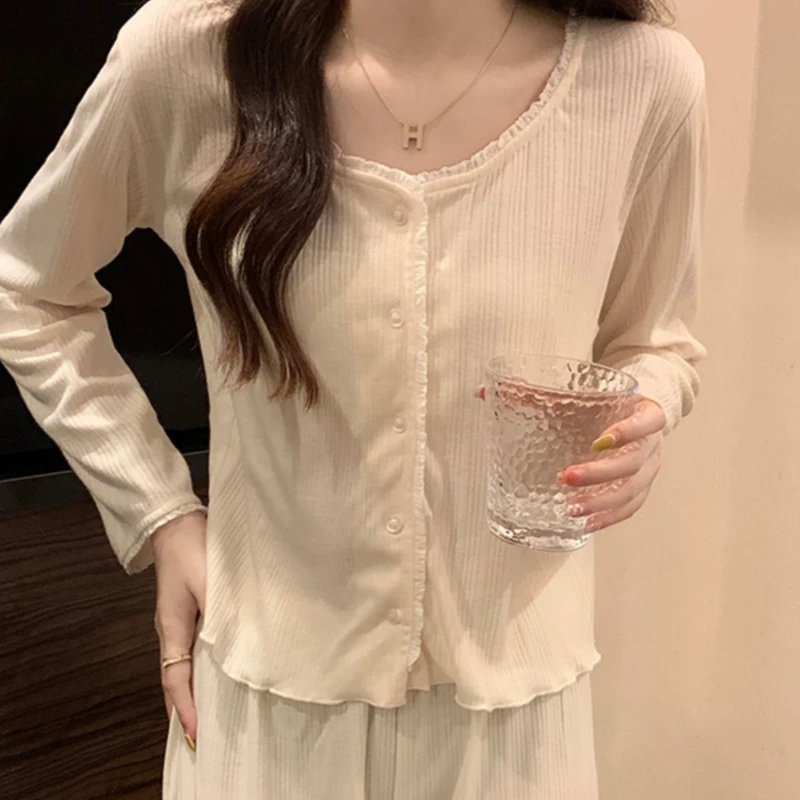 Pajama Sets Women Autumn Spring O-neck Long Sleeve Tops Button-up Sexy High Waist Pants Solid Lounge Wear Soft Casual Sleepwear