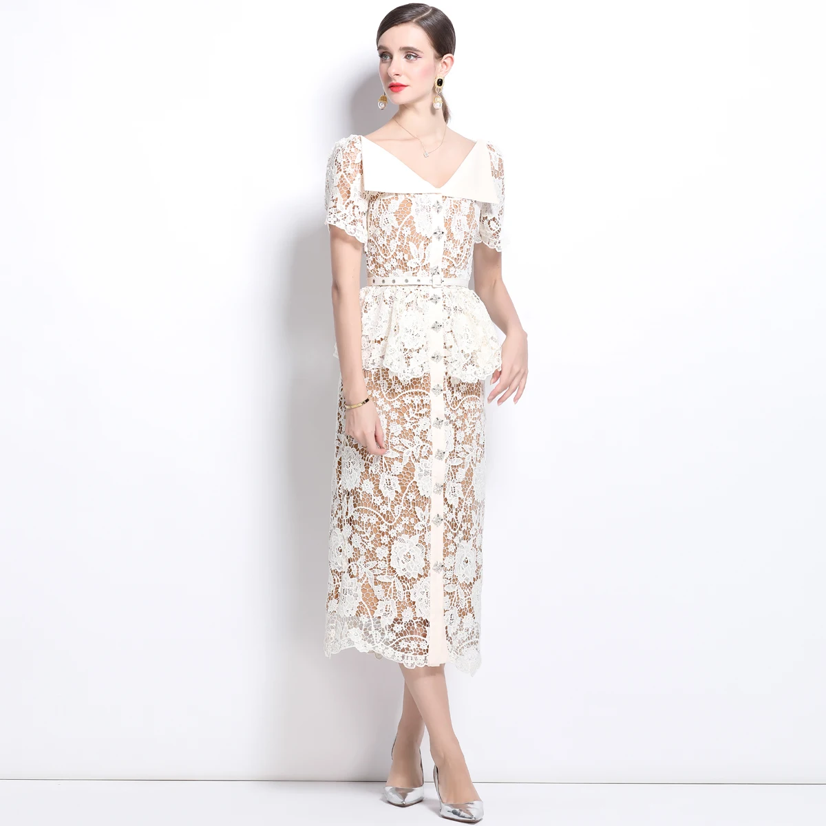 Quality Summer Beaded Diamonds Embroidery Beige White Lace Evening Dress Women Short Sleeve Ruffle Peplum Midi Prom Dresses Long