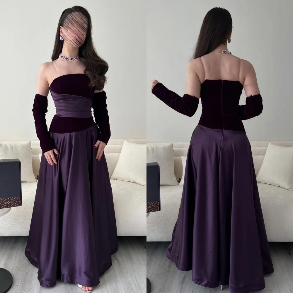 

Customized Matching Fashion Velour Pleat Ruched Draped A-line Strapless Long Dresses Evening Dresses Sizes Available Classic