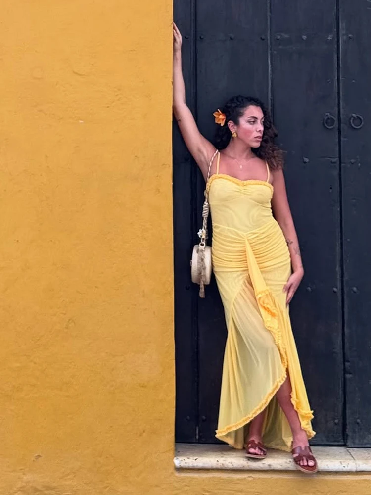 

Solid Sling Ruffle Midi Dress Women Elegant Off-shoulder Backless High-waisted Pleated Vestido Lady Vacation Party Wear 2026 New