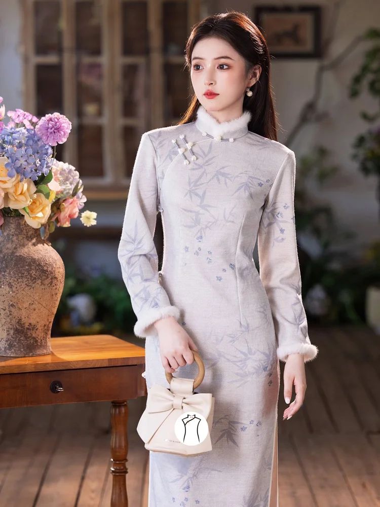 

Новая зимняя роскошная длинная китайская национальная мантия с флисовой подкладкой и цветочным узором