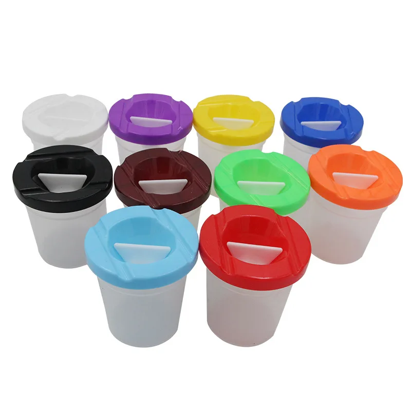 10 Piece Children\'s No Spill Paint Cups with Colored Lids and 10 Piece Large Round Brush Set with Plastic Handles