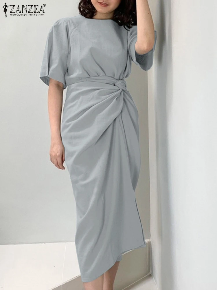 

ZANZEA Women Dress Lace-up Pleated Summer Sundress 2025 Short Sleeve Casual OL Work Robe Fashion Vintage Mid-Calf Party Vestidos