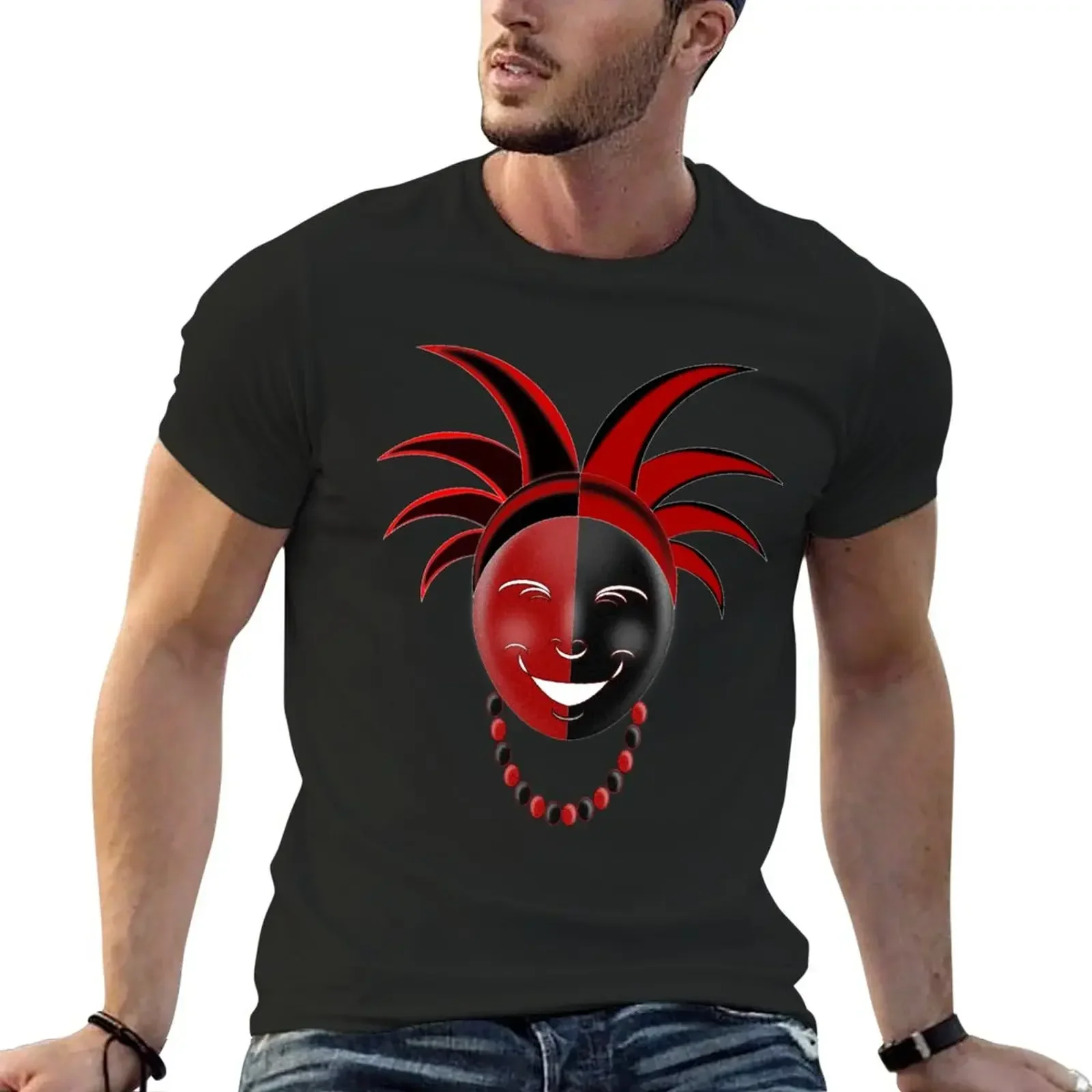 graphics t shirt Short sleeve tee Aesthetic clothing men Red and Black Smiling Elegua T-Shirt  Informal  harajuku Crewneck 2024