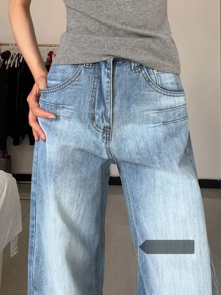 

Женские зимние джинсы с высокой талией, плиссированные, синие, прямые, свободные, широкие, драпированные, в пол, маленький размер