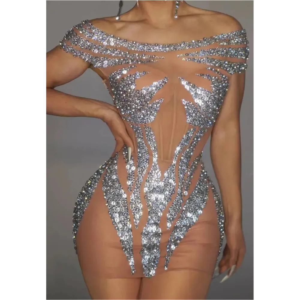 

Sexy Nightclub Bar Stage DJ Costume Sparkly Rhinestones Mesh Transparent Mini Dress Women Singer Dancer Party Rave Performance