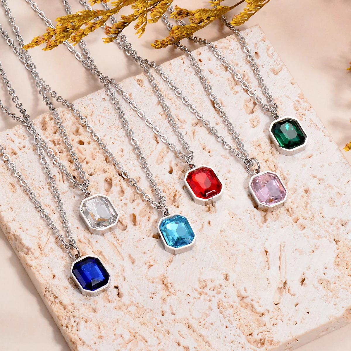 Stainless Steel Multicolor Cubic Zirconia Square Pendant Necklaces For Women Charm Collar Jewelry Dropshipping