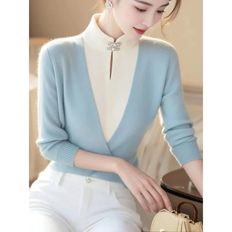 2025 nuevo jersey de mujer con cuello redondo estilo chino falso suéter de manga larga de punto de dos piezas