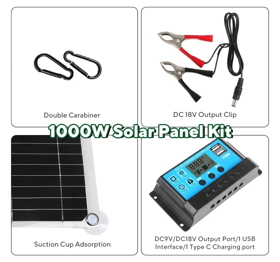 1000W Panel słoneczny 12V Ogniwo słoneczne 10A-100A Kontroler Zestaw płyty słonecznej do telefonu RV Samochód Przyczepa kempingowa Dom Kemping Akumulator zewnętrzny