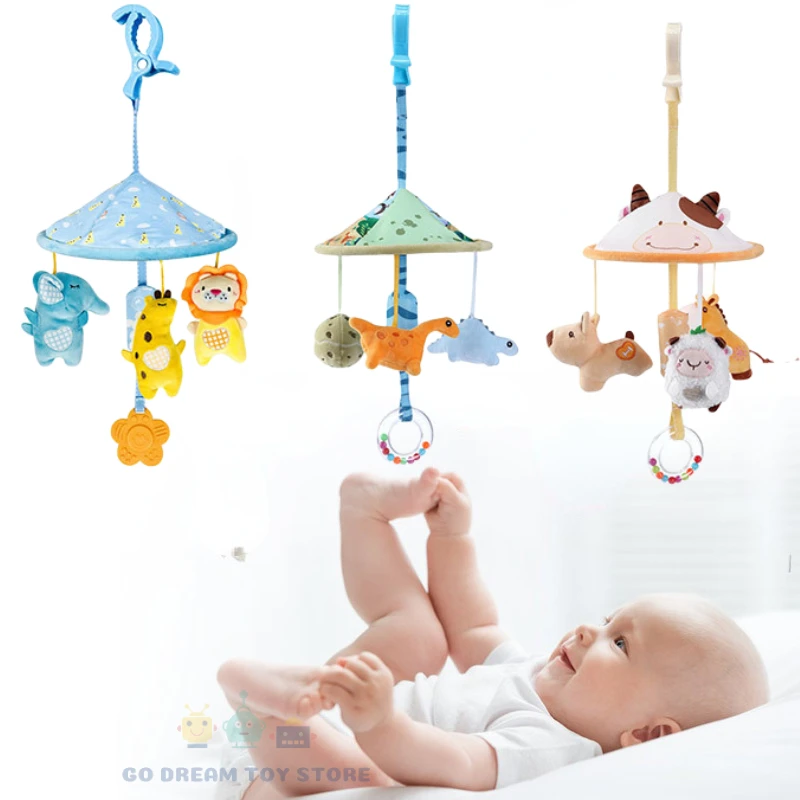 Newborn Baby Rattles 0-12 Months Stroller Bed Hanging Umbrella Wind Bell Infant Mobile Cartoon Animals Plush Toy Boys Girls Gift