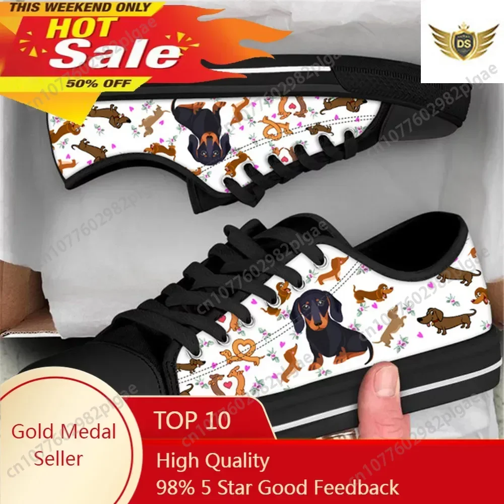 Cute Dachshund Print Women Canvas Shoes Pet Dog Flat Shoes For Ladies Casual Female Lace Up Walking Shoes