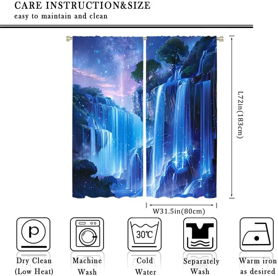 Dreamy Fantasy Waterfall Curtain Starry Night Nature Window Decor Polyester Curtain Panel Aesthetic Blue Forest Wallpaper Effect