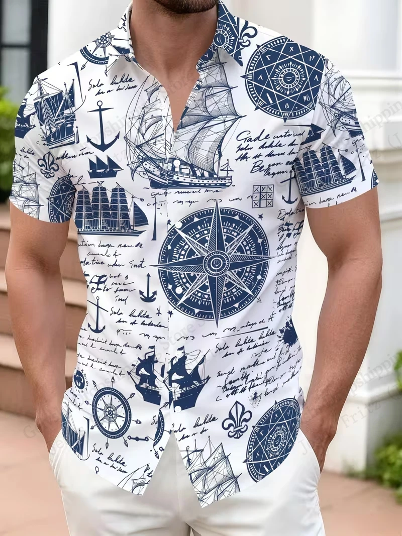 Vintage Compass 3D Print Hawaiian Shirt Men Women Fashion Single-breasted Short Sleeve Beach Shirt Sailor Blouse Men Clothing