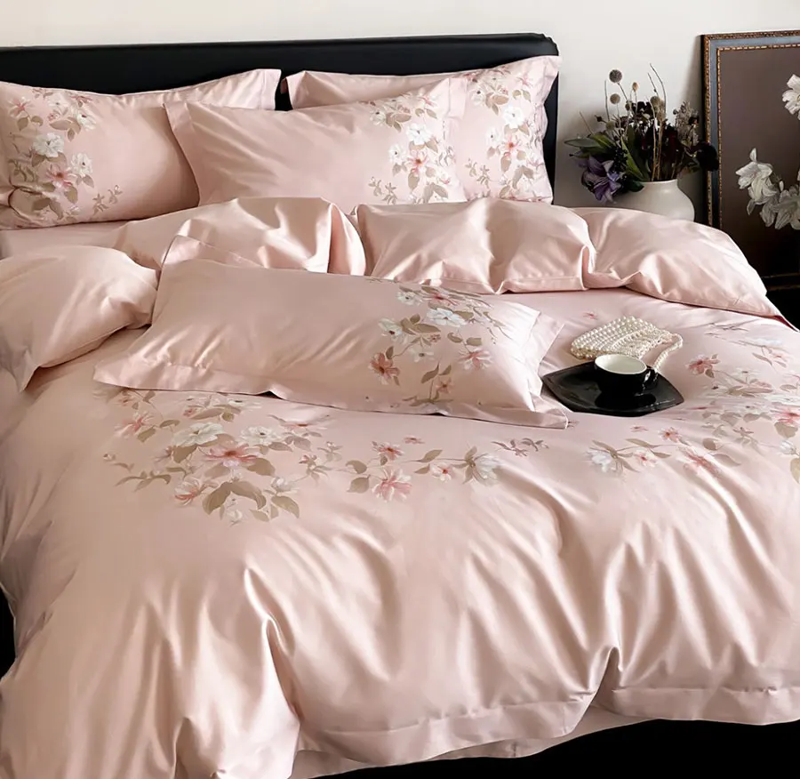 Elegant french flower pink beige bedding set,full queen king romantic 100s cotton home textile bed sheet pillow case duvet cover