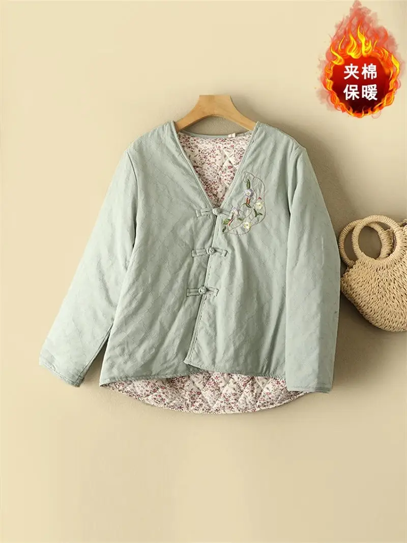 2024 Spring Autumn Chinese Style Embroidery Floral Lining Cotton Jacket V-Neck Buckle Irregular Women Short Quilted Coat Z4499