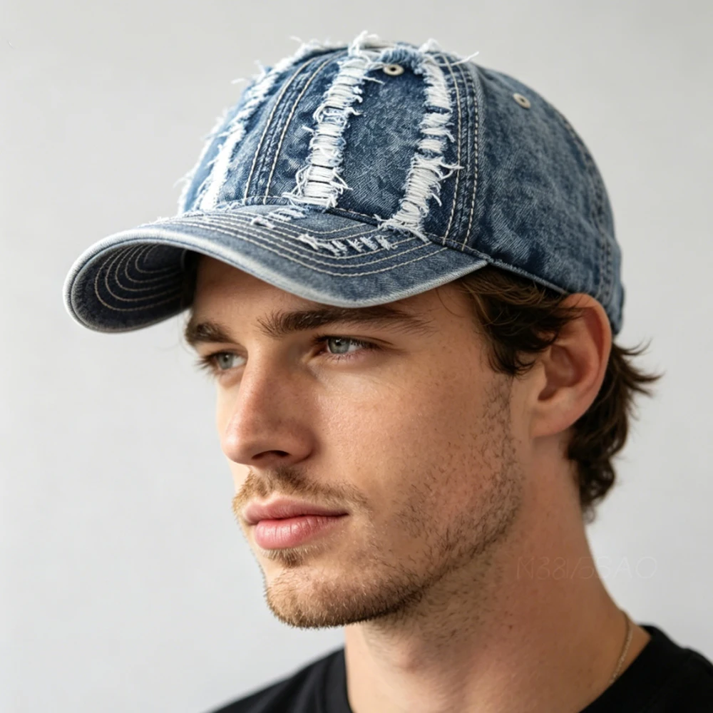 Retro Washed Denim Unisex Baseball Cap with Distressed Stripes for Daily Use Soft Crown Frayed Dad Hats for Men and Women