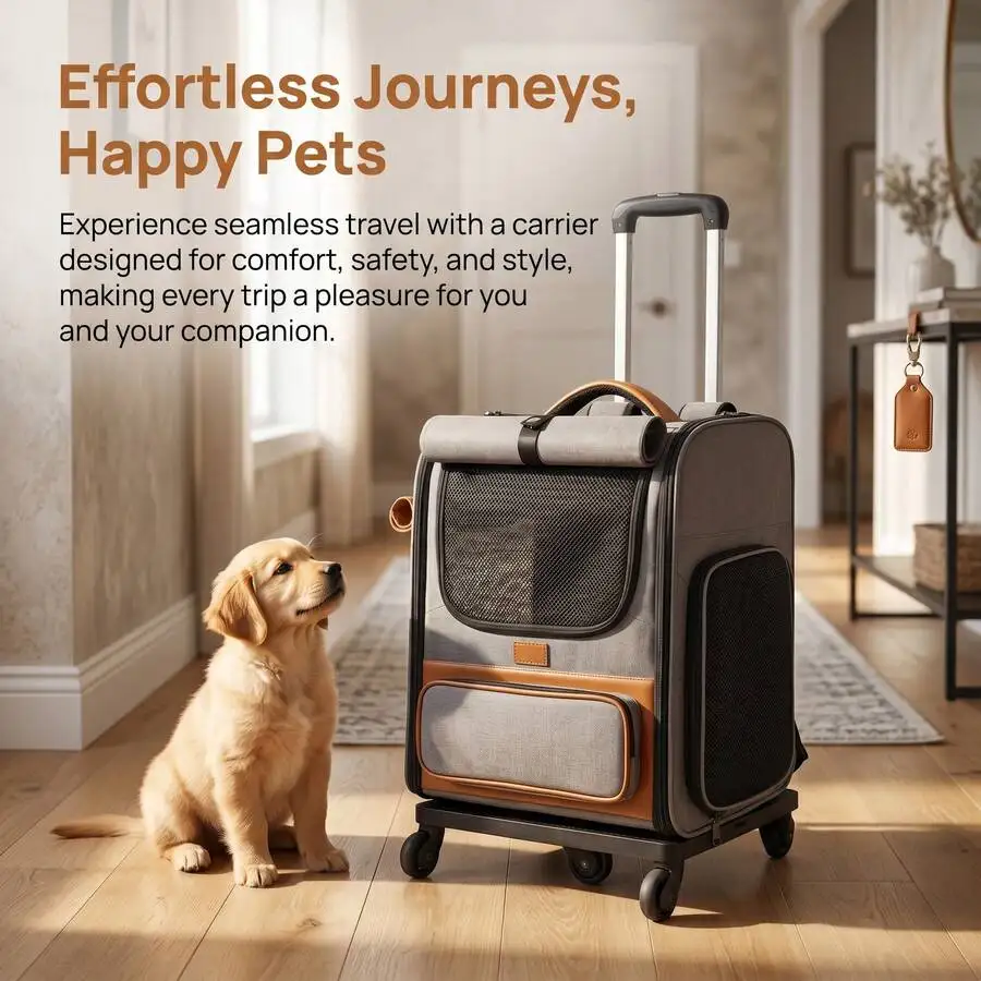 Rolling Soft Sided Pet Carrier With 360° Silent Wheels, Collapsible Breathable Cat Travel Bag With Roll-Up Windproof Window, Lar