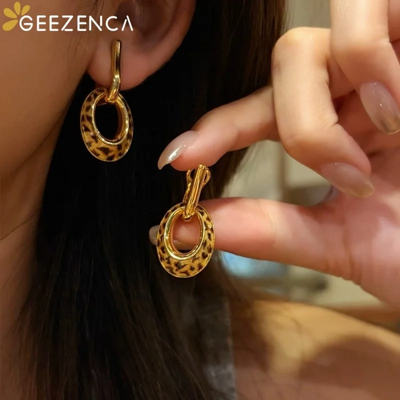 GEEZENCA S925 Silver Polished Gold Plated Hoop Leopard Enamel O-shape Charm Dangle Earrings Women Trendy Delicate Earring Gift