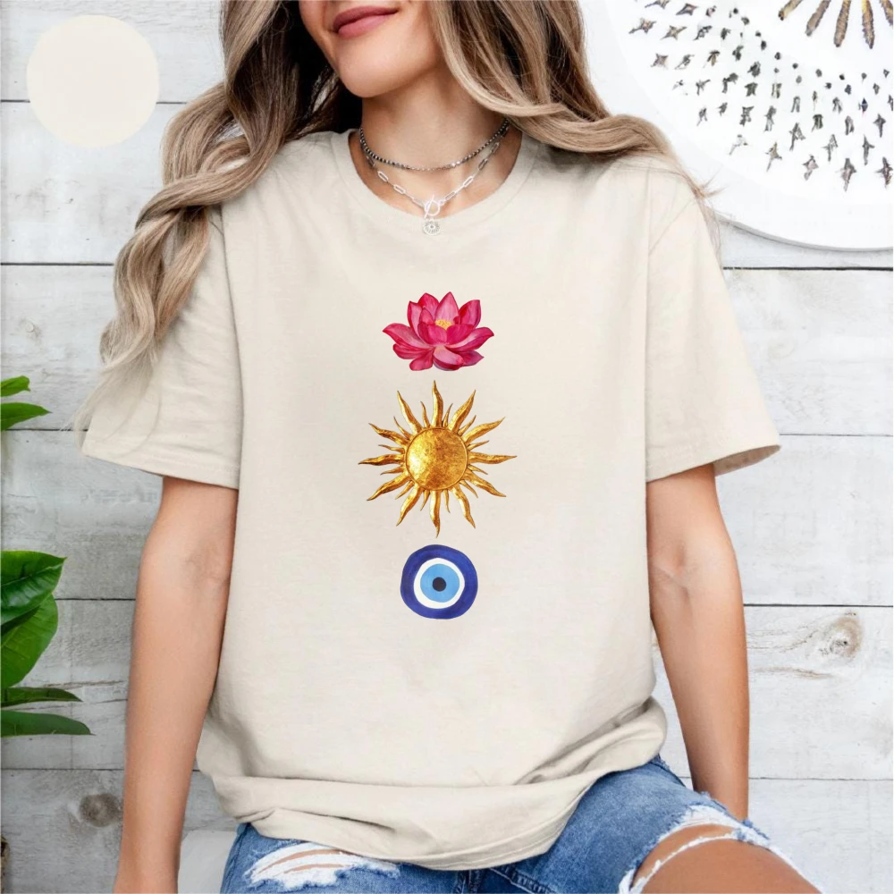 Lotus Sun Evil Eye Graphic Tee Sacred Symbols Spiritual Protection Yoga Unisex Streetwear Top Fashion Cotton Short-sleeve Tee