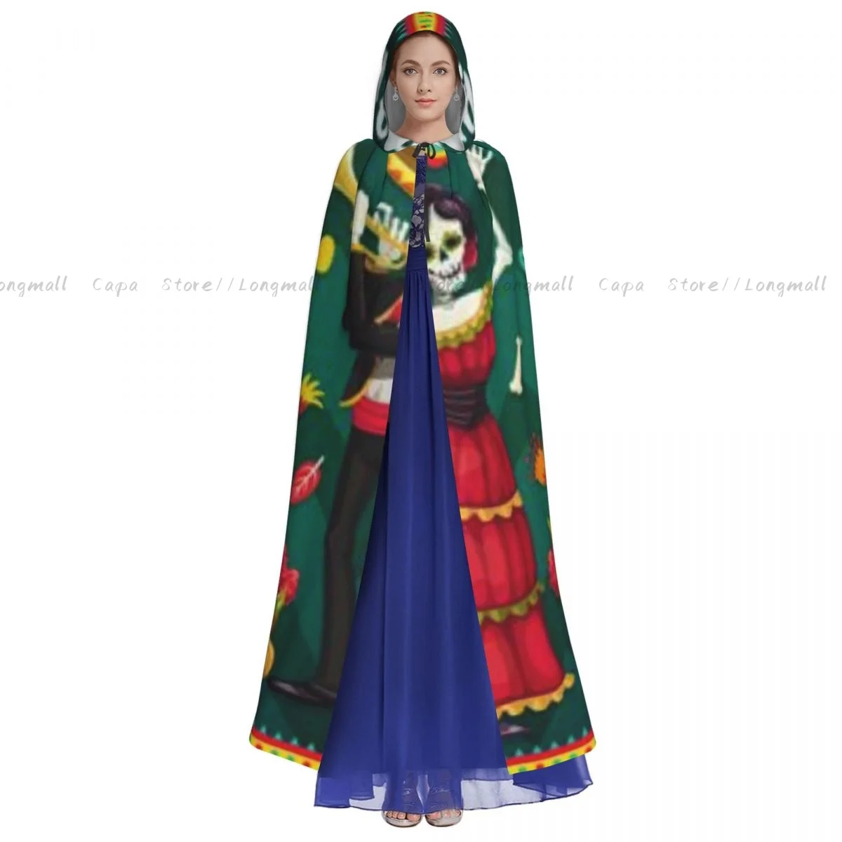 Adult Vampire Cape Hooded Robe Mexican Sugar Skull Flower Fiesta Marigold Carnival Dress-up Party Cloak Full Length Cosplay