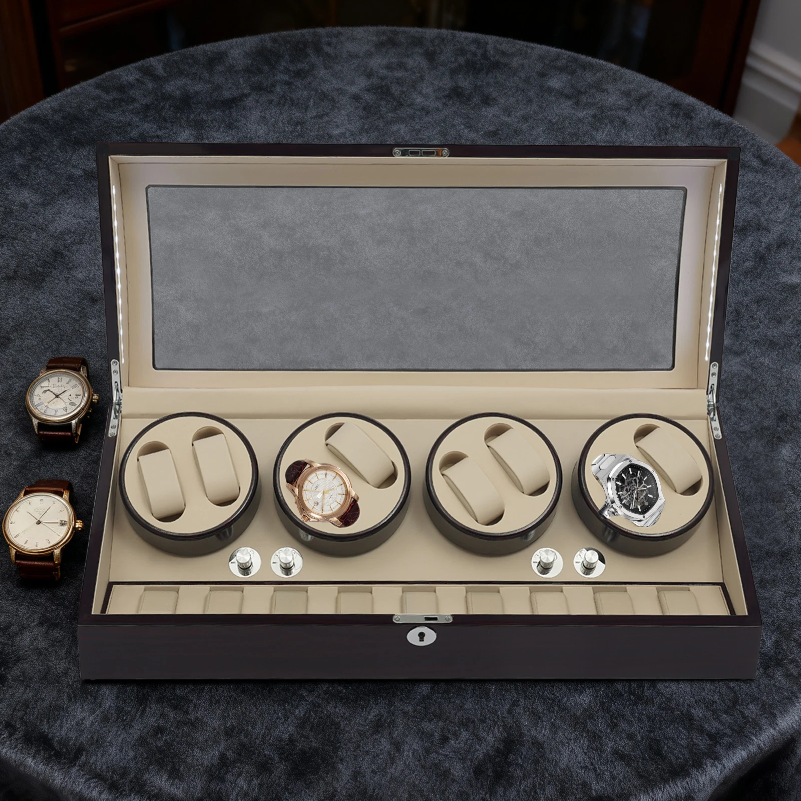 ملفاف ساعة 8+9 للساعات الأوتوماتيكية، علبة عرض ساعة محرك صامتة 10 ديسيبل مع غطاء مفتوح توقف 5 سرعات طلاء خبز من خشب الأبنوس #2