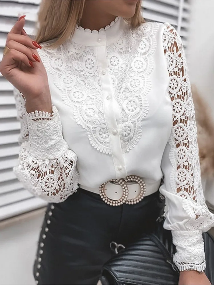 Fashion Women Sexy White Lace Patchwork Shirt Blouse Long Sleeve O-Neck Mesh Tops Spring Elegant Hollow Out Shirts Pink Top New