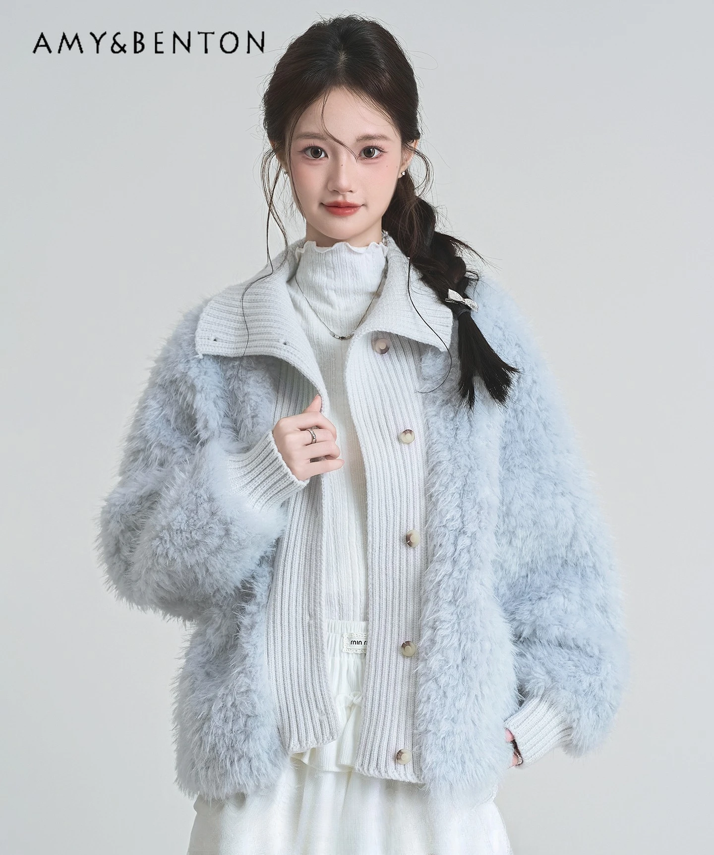 

Autumn Winter New Hot Sale Fake Two-Piece Spliced Light Blue Lamb Wool Knitted Cardigan Loose Casual Light Apricot Coat