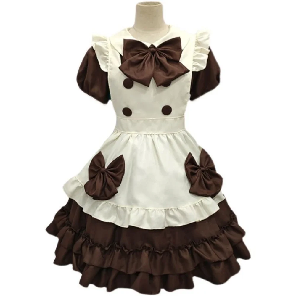 Vestido de empregada Lolita para mulheres, arco marrom, manga curta, vestido queque, lindas roupas de empregada, uniformes cosplay japoneses, cafeteria