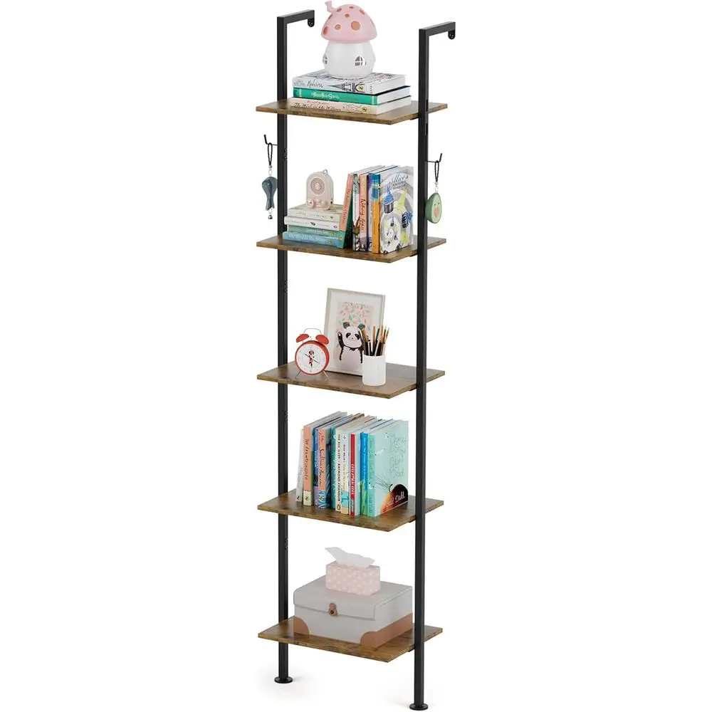 

5-Tier Ladder Shel, Wall Mounted Wooden Bookshelf, Vintage Leaning Storage Rack for Living Room, Bedroom, Home Office - Rustic B