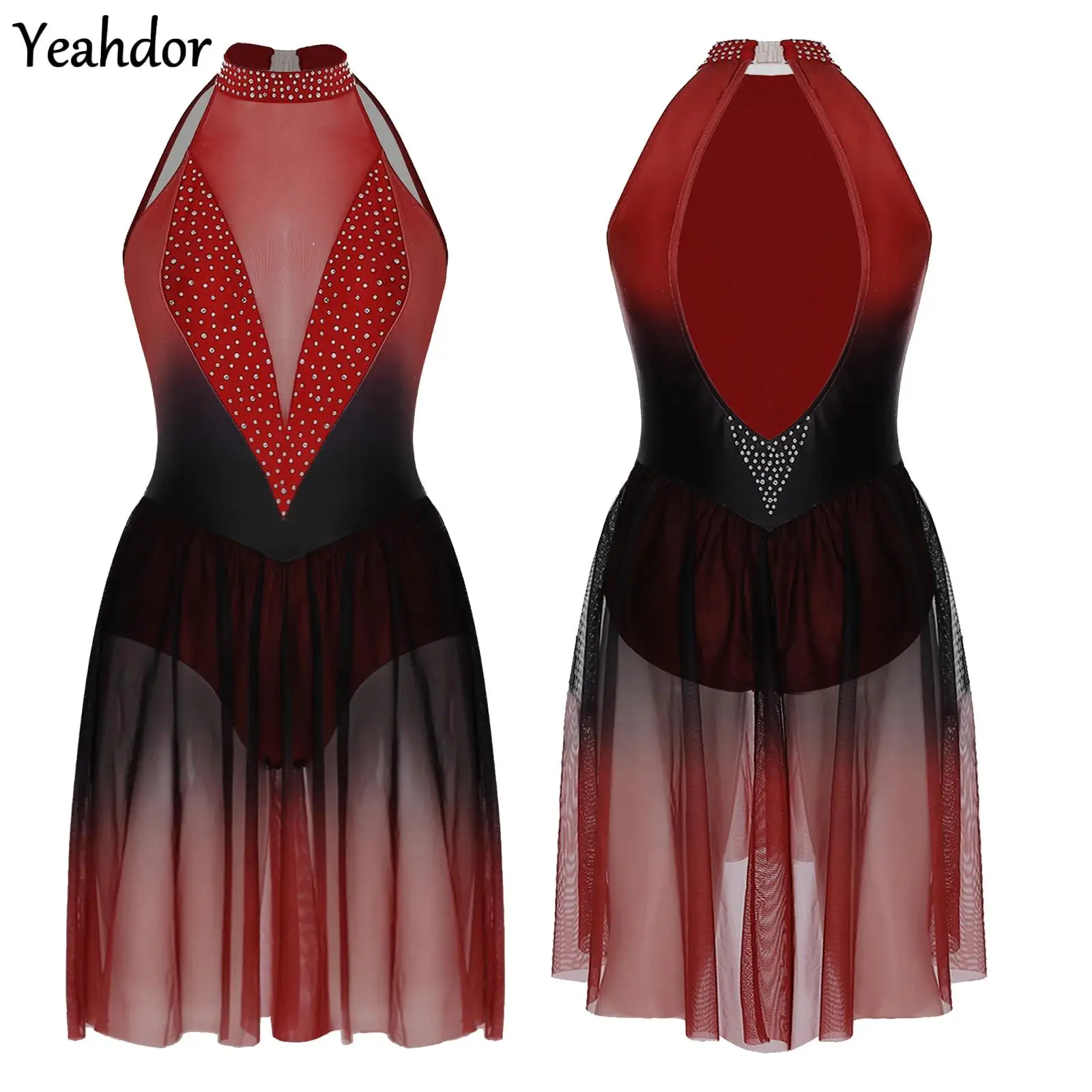 

Women Lyrical Dance Dress Halter Sleeveless Rhinestones Gymnastic Ballet Dance Leotard Modern Figure Skating Performance Costume