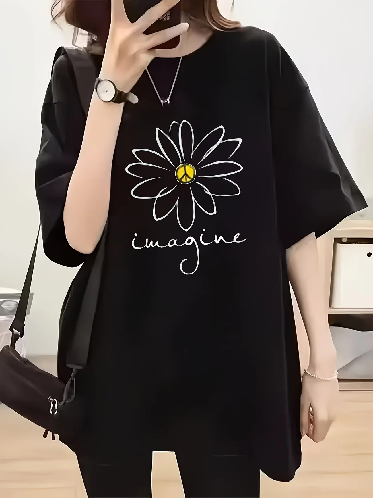 Aesthetic Daisy Flower Graphic T-Shirt Women Imagine Letter Print Tee Peace Symbol Short Sleeve Summer Top Hippie Style Clothing