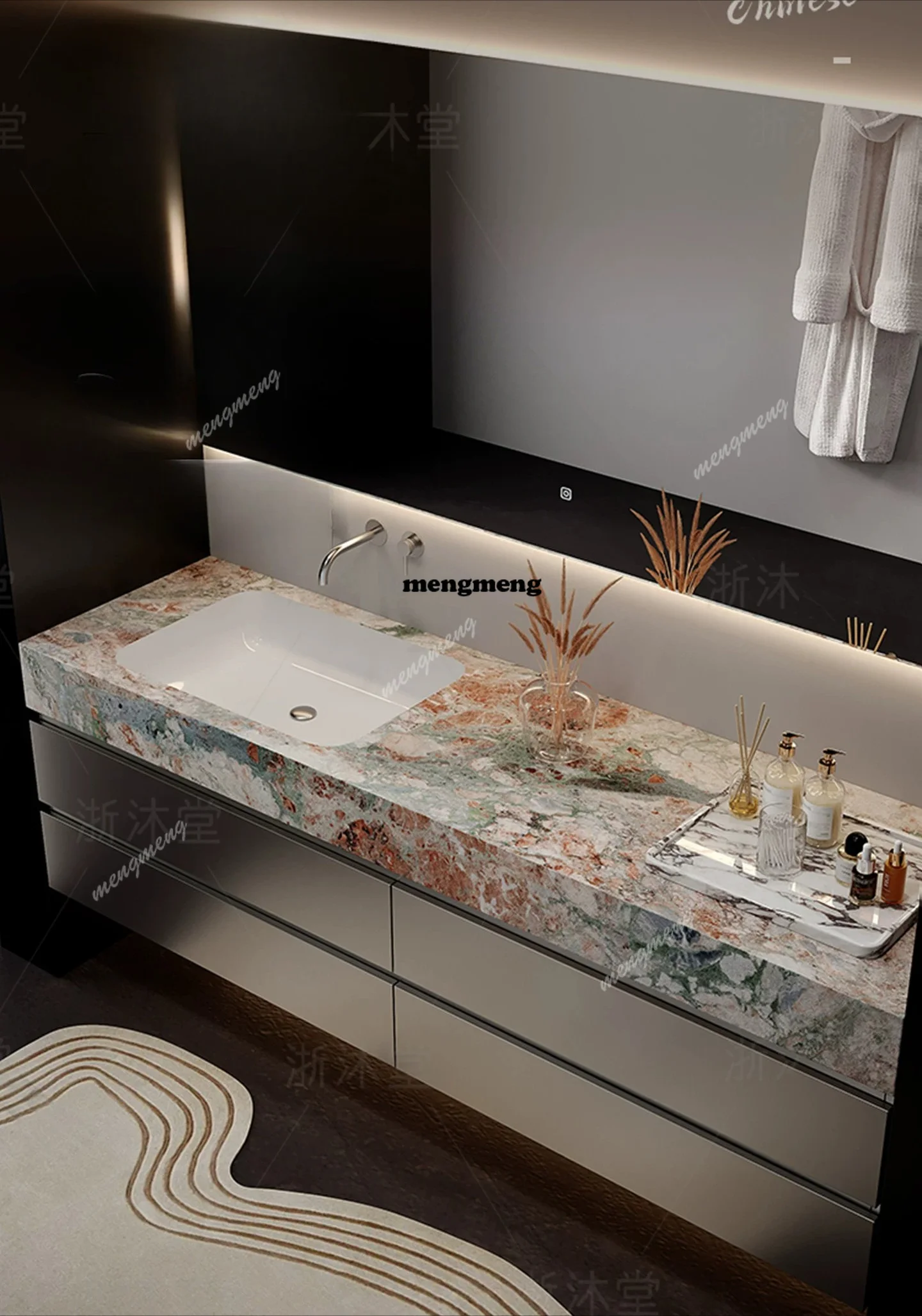 PET metal liquid silver rock slab ceramic integrated basin bathroom cabinet combination bathroom sink washstand