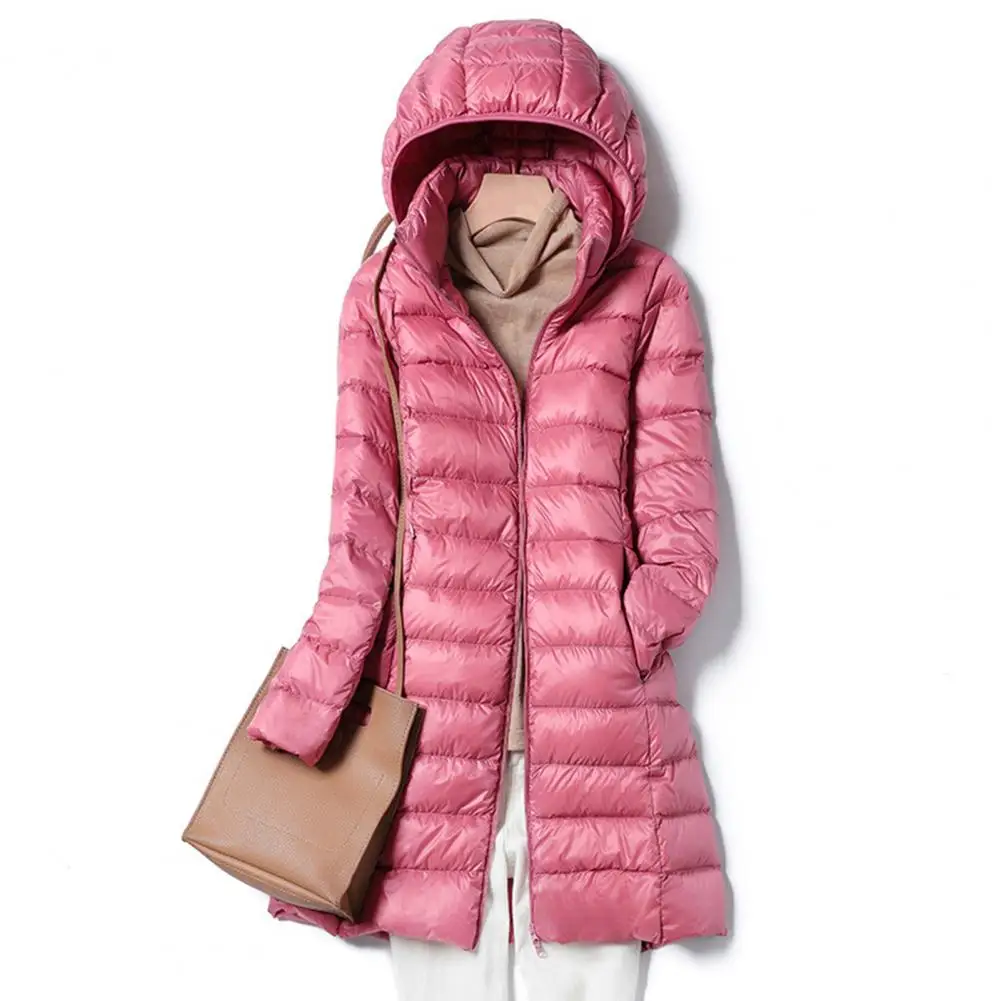 Women Cozy Coat Thickened Padded Winter Down Coat with Plush Hood Storage Bag Windproof Mid Length Outwear Jacket for Warmth