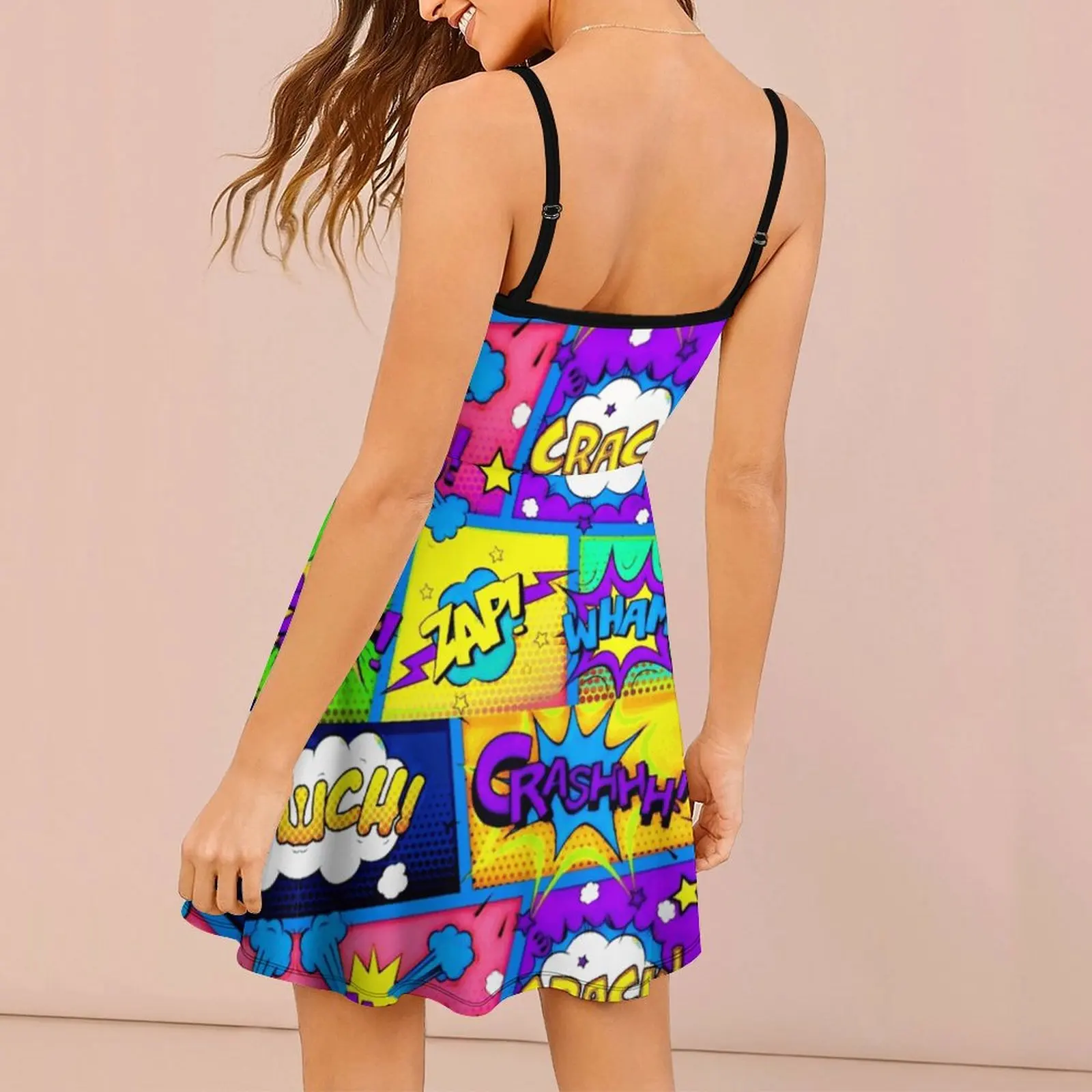 Panels Crazy Colorful And Bright Comic Book Panels Arts 3 Women's Sling Dress Graphic Cool Sexy  Woman's Gown Humor Graphic Vaca