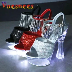 Lato Sexy 14CM wysokie obcasy kobieta buty Bling diamentowe frędzle sandały dla kobiet klub nocny przezroczysta dioda LED Light Up Luminous Shoe