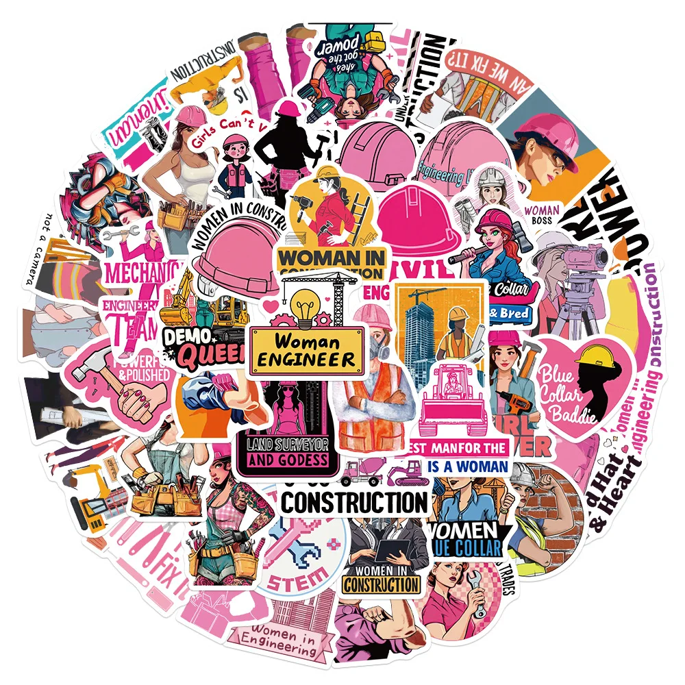 

50PCS Women's Safety Hat Stickers Women in Construction Girl Power STEM DIY Decorative Diary iPad Waterproof Stickers Kids Toy