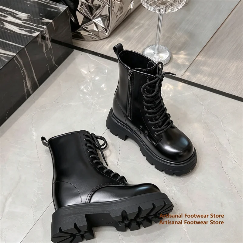 Men's Black Leather Height Increasing Boots 16.5Cm Invisible Elevator Ankle Boots Lace Up Side Zipper Chunky Sole Men's Boots